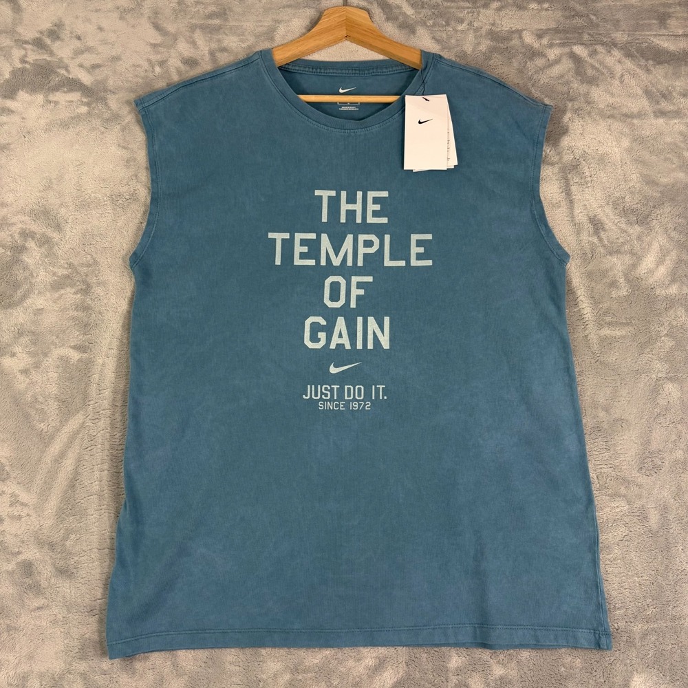 NIKE Shirt Medium Mens Smoky Blue Temple Of Gain Sleeveless Gym Training Tank